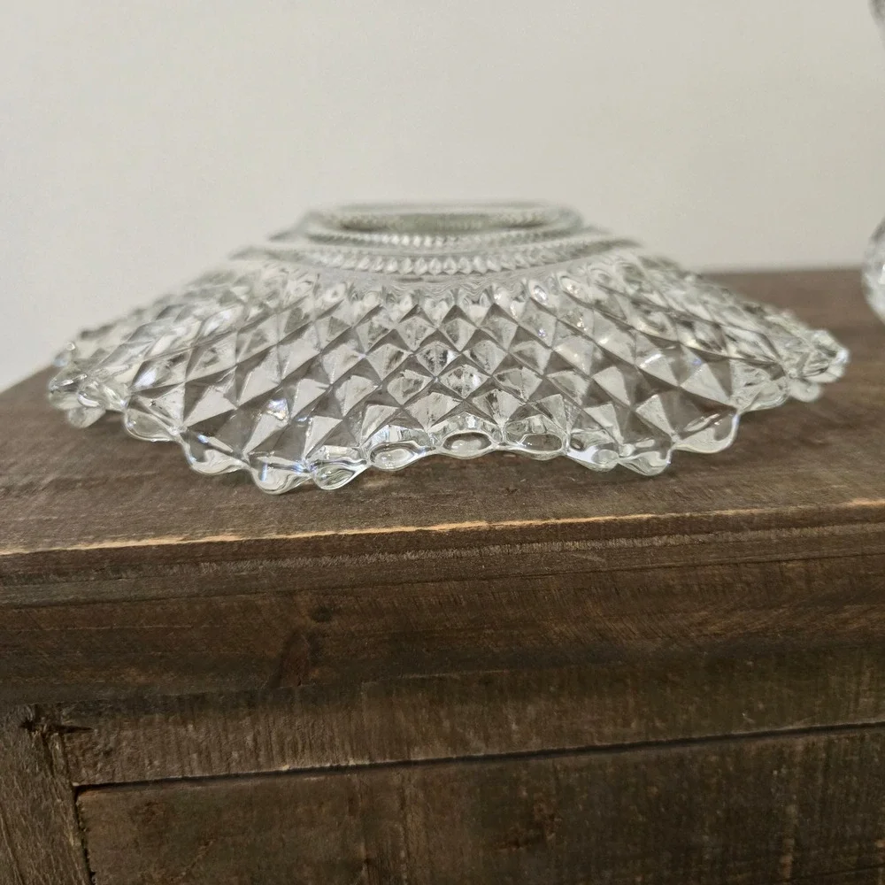 Vintage Pressed Glass Set Diamond Point Candy Dish and Toothpick Holder Clear